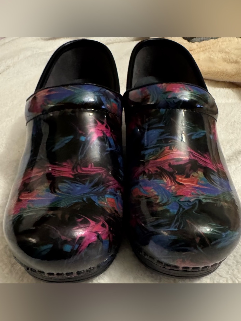 Dansko Black Clog Soles with Subtle Multicolor Upper
